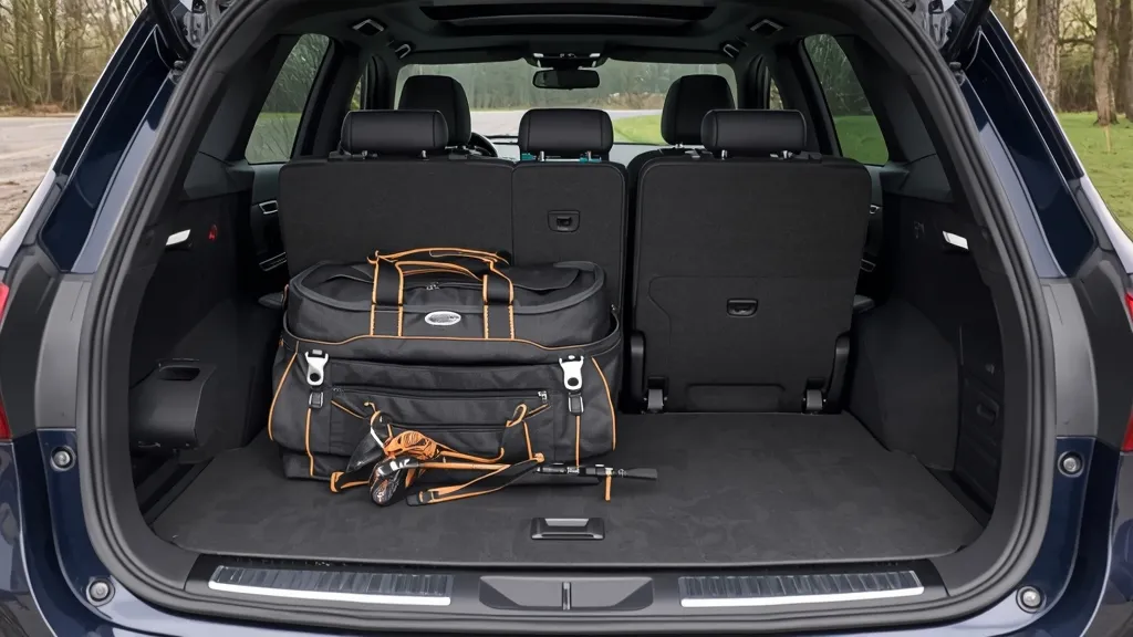 Practical GLC 200 cargo space with folded rear seats, demonstrating versatility for luggage and gear.