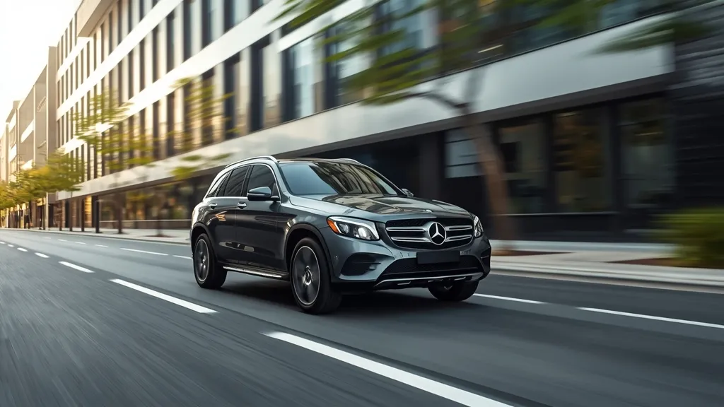 Mercedes-Benz GLC 200 driving smoothly on a city street, emphasizing urban comfort and refined ride.