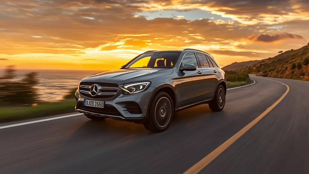 GLC 300 2024 exterior showcasing elegant design and LED headlights on a scenic road.