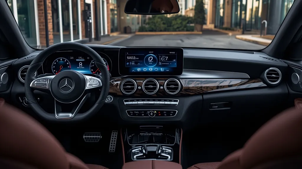 Luxurious 2024 Mercedes GLC 300 interior technology with dual MBUX screens and ambient lighting.
