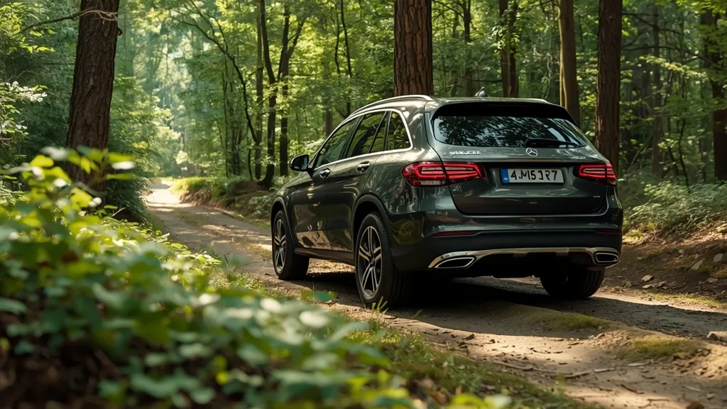 GLC 300 4MATIC features demonstrated on a light off-road path, highlighting all-wheel-drive capability.