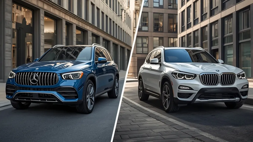 Mercedes GLC vs BMW X3 comparison, showing both luxury compact SUVs side-by-side in a city setting.