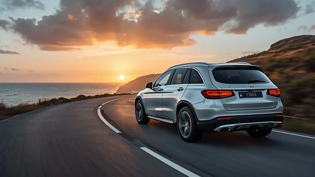 2025 Mercedes GLC 300 exterior, sleek silver, driving on a winding coastal road at sunset.