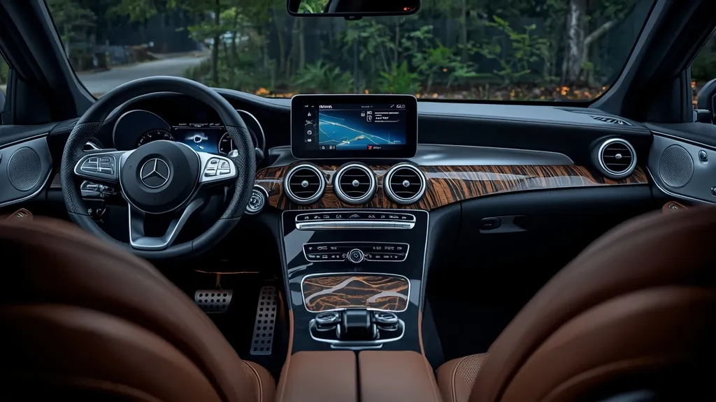 Luxurious 2025 Mercedes GLC 300 interior, MBUX screen, ambient lighting, premium materials.