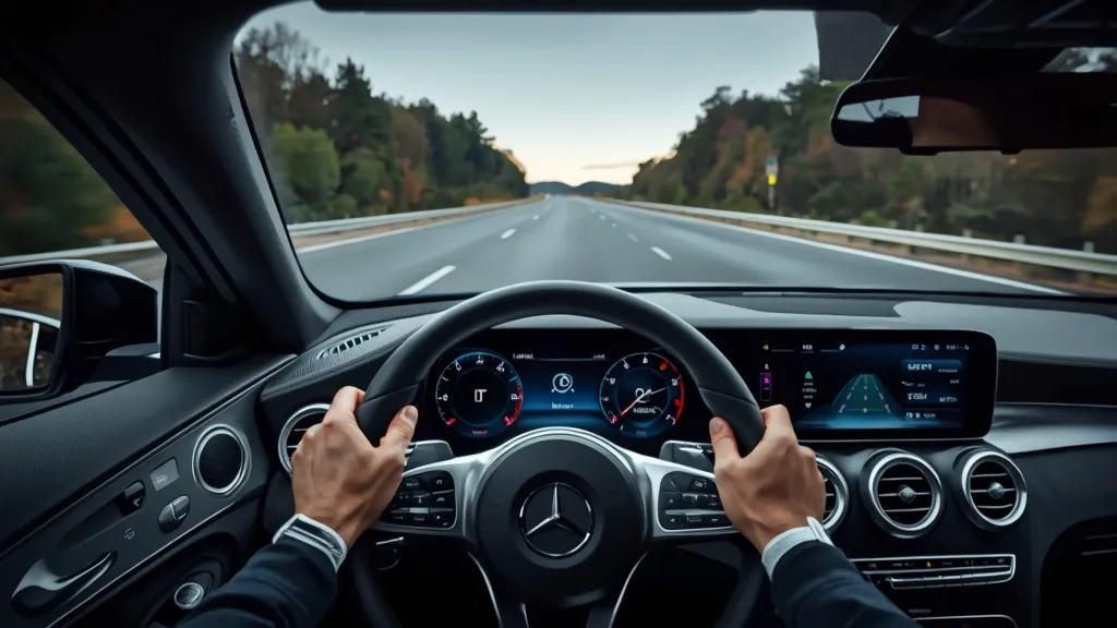 Driver using 2025 GLC 300 advanced driver assistance features on a highway.