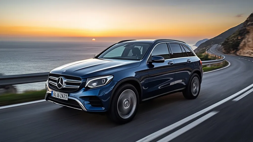 Dynamic Mercedes-Benz GLC 300 4MATIC driving on a scenic road, highlighting its sleek design and agility.