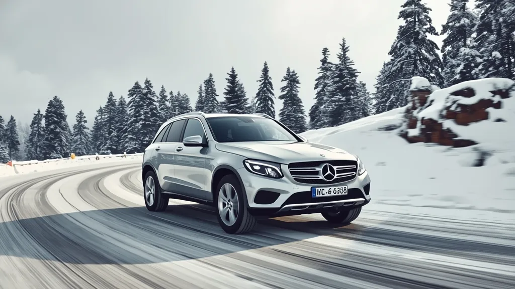 Mercedes GLC 300 4MATIC confidently driving through a light snowy landscape, showcasing 4MATIC all-wheel-drive capability.