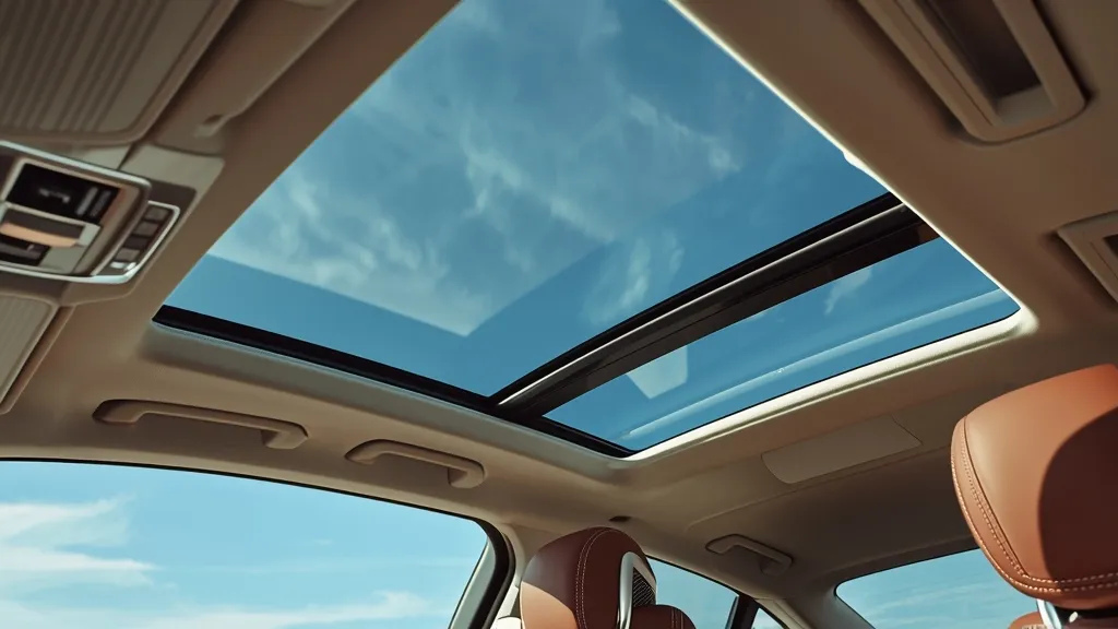 Mercedes GLC 300 4MATIC interior with Burmester sound system speaker grille and expansive panoramic sunroof view.