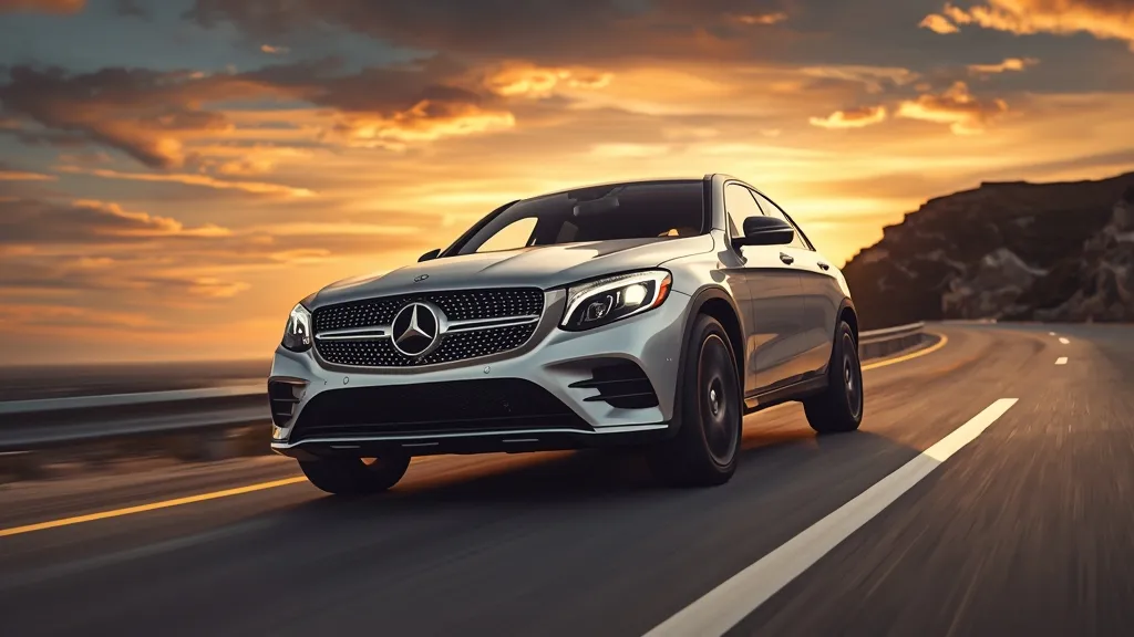 Mercedes-Benz GLC 300 Coupe's sleek exterior, highlighting its distinctive sloping roofline and LED headlights.