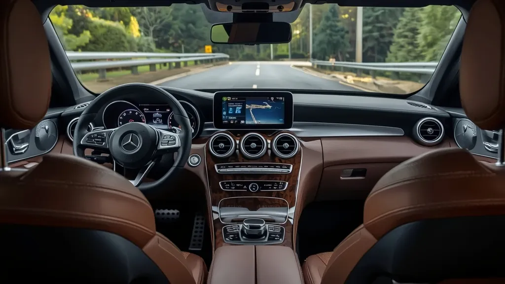 Luxurious interior of the GLC 300 Coupe, featuring the MBUX infotainment screen and premium leather upholstery.