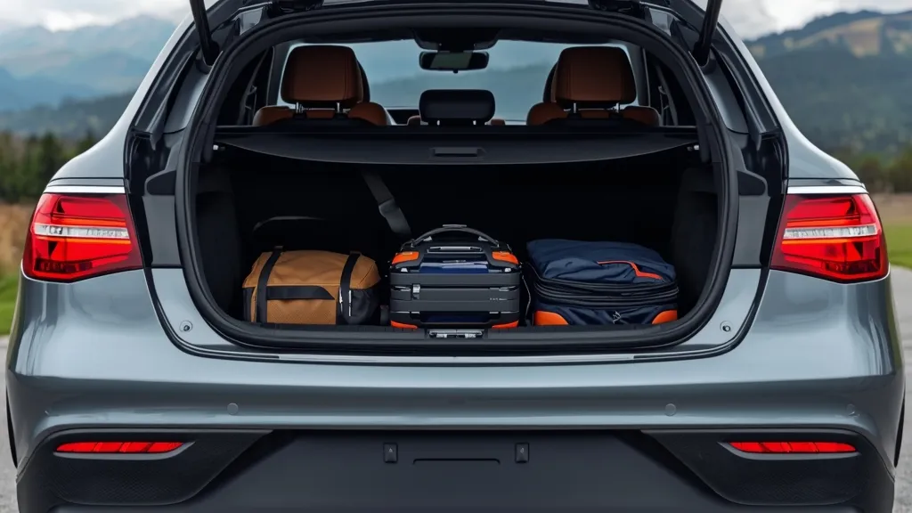 GLC Coupe cargo capacity with rear seats folded, demonstrating practical trunk space for luggage.
