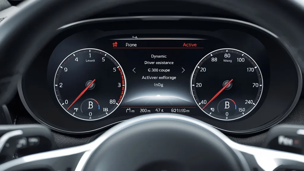 Digital instrument cluster of the GLC 300 Coupe, displaying advanced driver assistance features and navigation.
