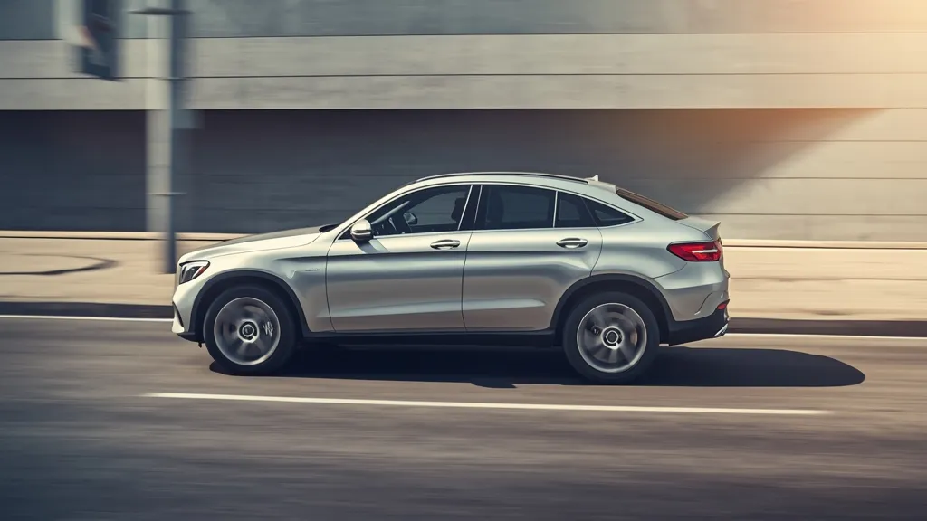 Dynamic silver Mercedes-Benz GLC Coupe driving urban road, showcasing luxury SUV price.