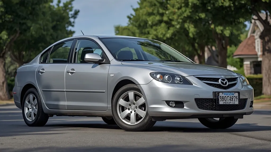 2004 Mazda 3 Deluxe sedan, silver, parked on a suburban street, highlighting its classic first-gen design.