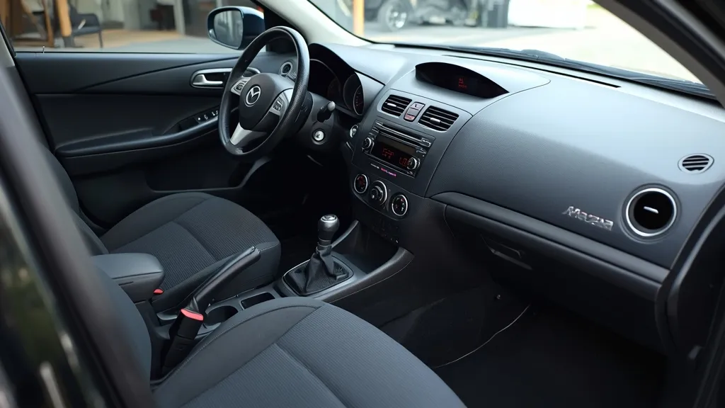 Interior of a 2005 Mazda 3 Deluxe, showing the dashboard, steering wheel, and cloth seats.