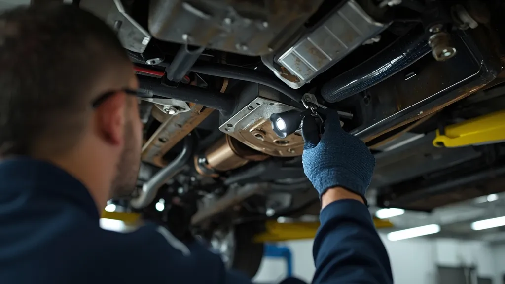 Mechanic inspecting the undercarriage of a used Mazda 3 BK, checking for rust and suspension wear.