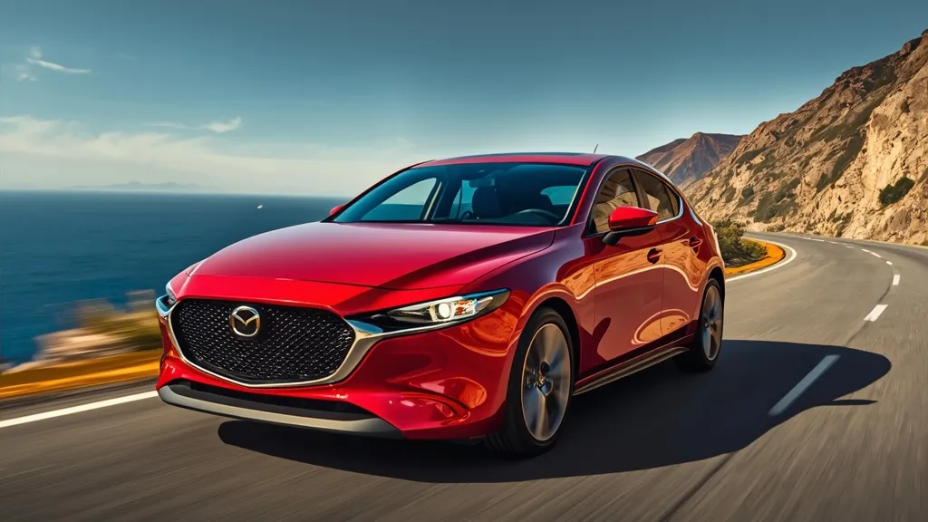 Dynamic shot of the sleek Mazda 3 Hatchback driving on a scenic coastal road, showcasing its Kodo design.