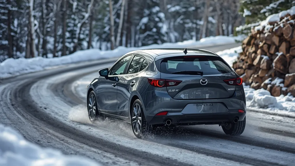 Mazda 3 Hatchback with i-Activ AWD system confidently navigating a winding, snowy mountain road, demonstrating driving dynamics.