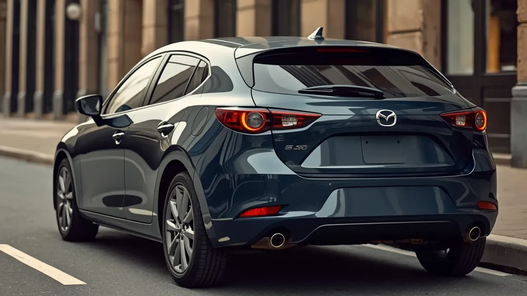Rear three-quarter view of the Mazda 3 Hatchback, clearly showing the distinctive thick C-pillar design and sleek rear.