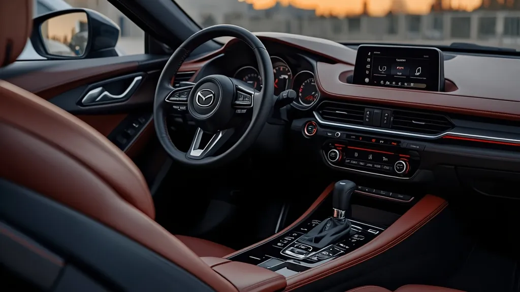 Mazda 3 luxury interior showcasing premium materials, refined dashboard, and ergonomic controls.