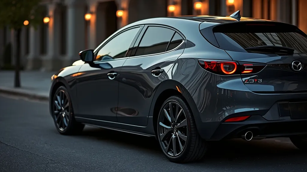 Elegant Mazda 3 hatchback exterior in a sophisticated dark color, highlighting Kodo design philosophy and sleek lines.