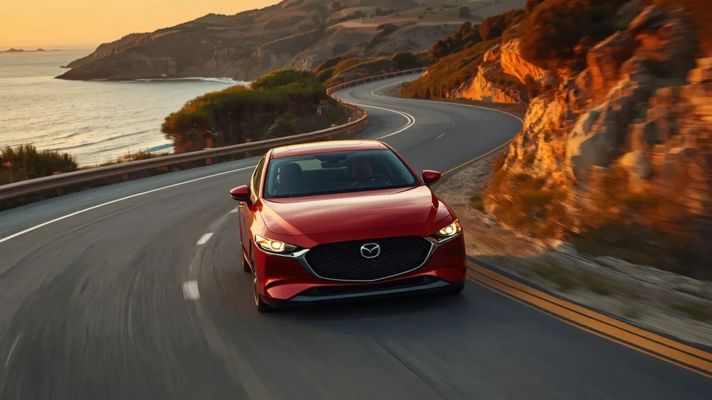 Mazda 3 Luxury driving dynamically on a winding road, illustrating the Jinba Ittai driving experience and refined handling.