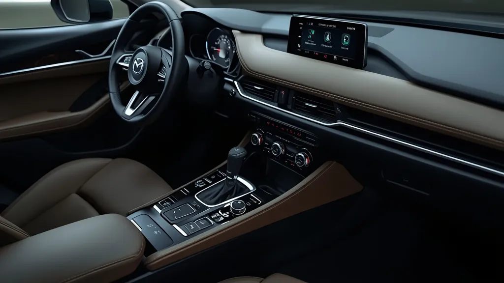 Mazda 3 Premium interior showcasing leather seats, infotainment, and premium materials for a luxurious feel.