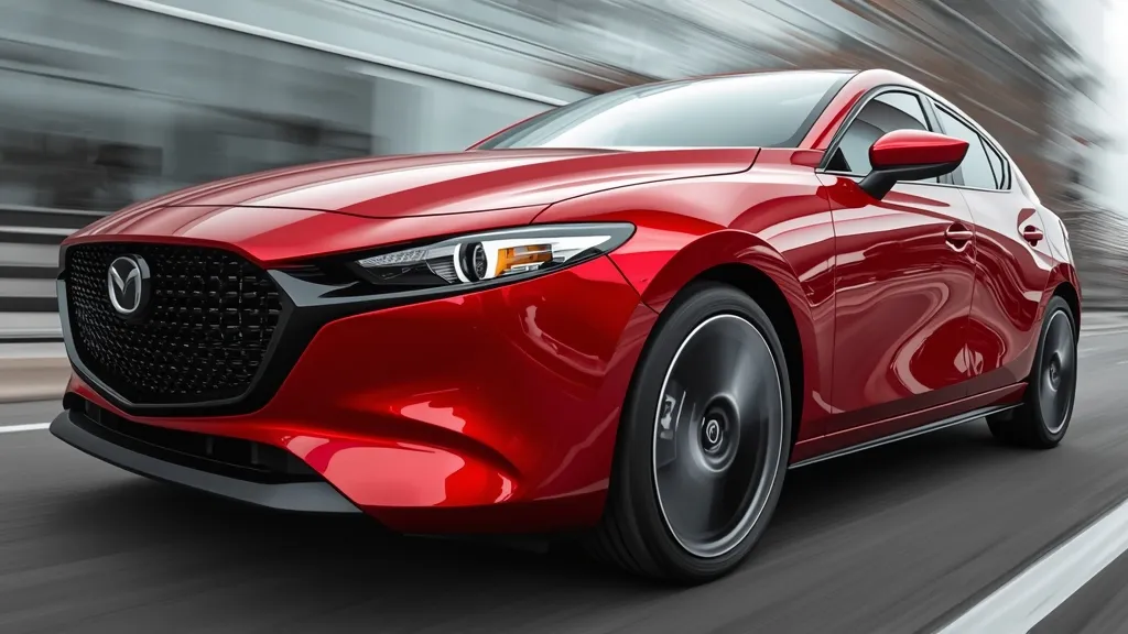 Mazda 3 Premium hatchback exterior in a dynamic pose, highlighting sleek design and 18-inch alloy wheels.