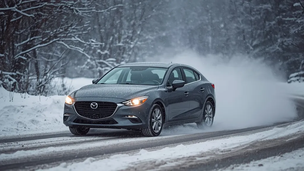 Mazda 3 Premium AWD driving in light snow, demonstrating all-weather capability and confident handling.