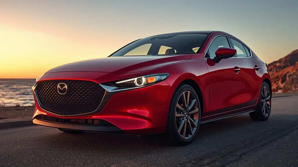 Elegant Mazda 3 Sedan showcasing Kodo design, premium metallic paint, and sleek lines on a scenic road.