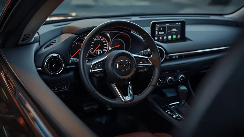 Luxurious Mazda 3 Sedan interior, showing high-quality materials, minimalist dashboard, and driver-focused cockpit.