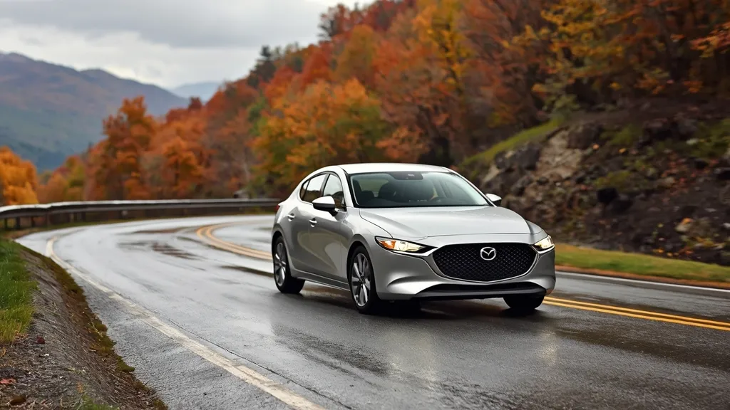Mazda 3 AWD Sedan confidently navigating a winding mountain road, demonstrating dynamic handling and all-weather grip.