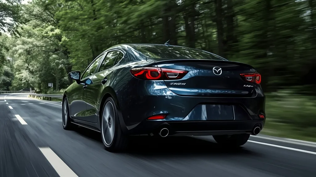 Powerful Mazda 3 Turbo Sedan accelerating smoothly on an open highway, highlighting its sporty character and refined power.