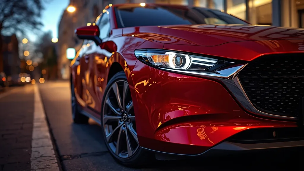 Mazda 3 Signature hatchback in Soul Red Crystal, showcasing its sleek Kodo design and premium stance.