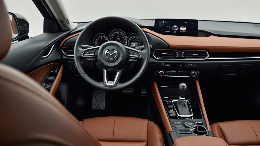Luxurious Mazda 3 Signature interior, Caturra Brown leather, driver-focused cockpit, high-quality materials.