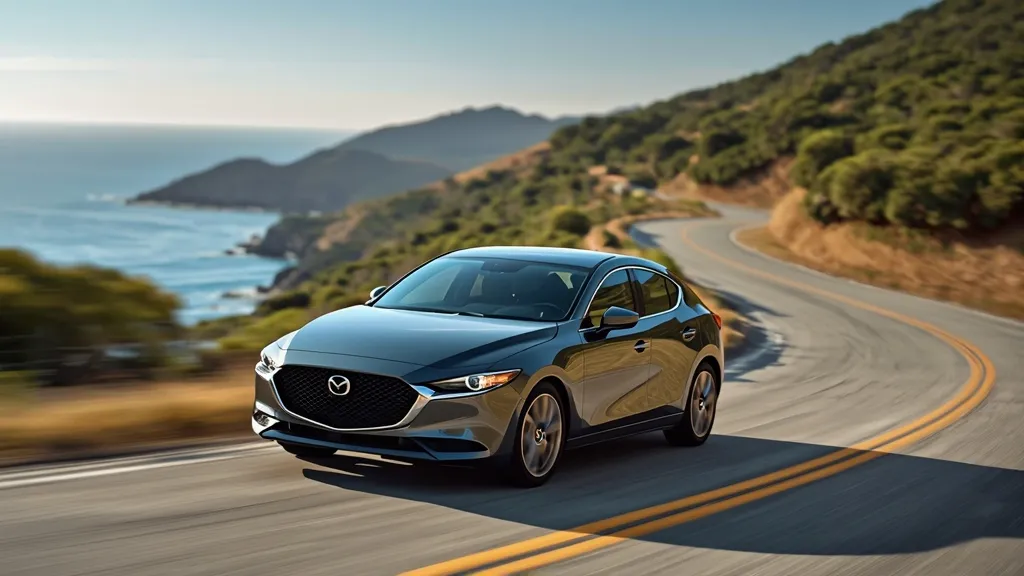Mazda 3 Signature driving confidently on a winding road, demonstrating AWD performance and handling.