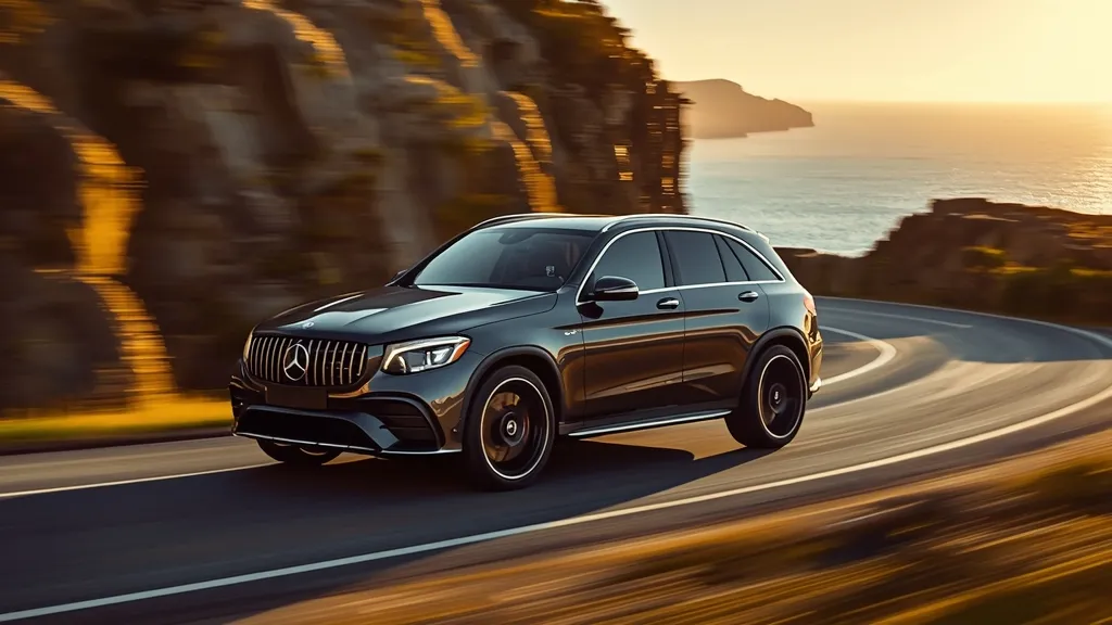 Dynamic shot of the 2025 Mercedes-AMG GLC 43 cornering on a scenic mountain road, showcasing its agile handling and sporty design.