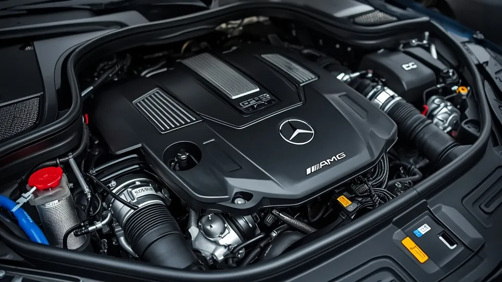 Close-up of the AMG GLC 43 2.0-liter engine performance unit, showcasing its F1-derived electric turbocharger technology and intricate design.