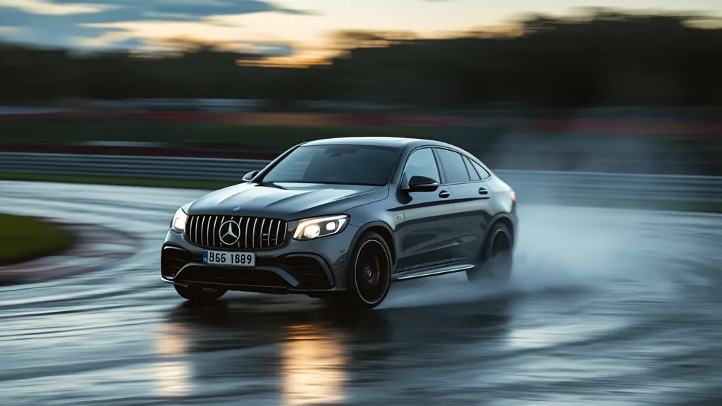 A dynamic action shot of the new 2025 Mercedes-AMG GLC 63 S E PERFORMANCE hybrid drifting on a wet racetrack.