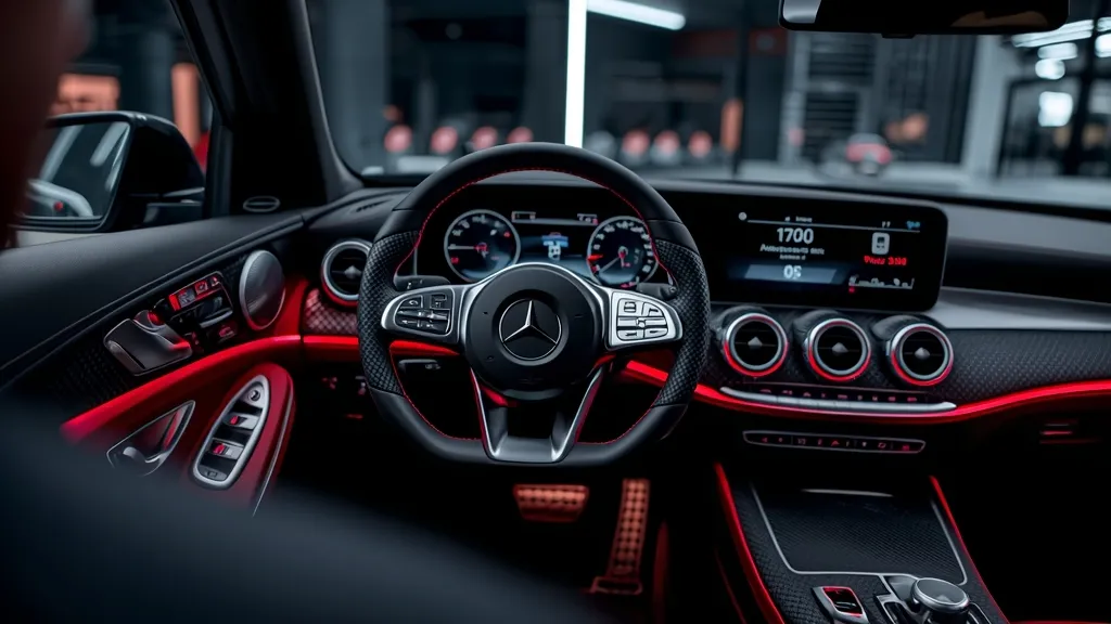 A detailed view of the modern, luxurious interior of the Mercedes-AMG GLC 63, focusing on the MBUX infotainment screen and carbon fiber trim.
