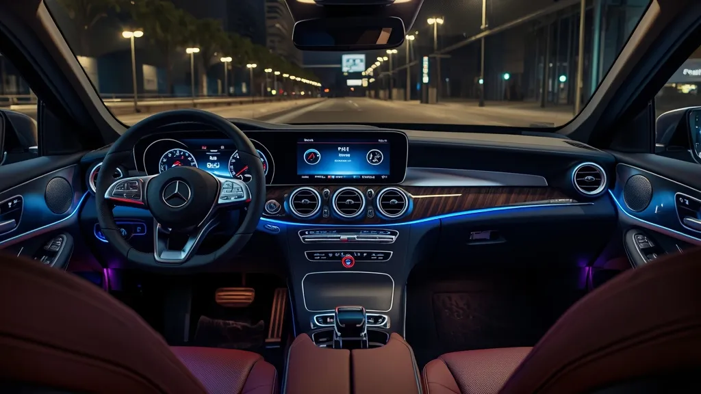 Mercedes-Benz GLC X254 interior showcasing dual screens, MBUX, and luxurious ambient lighting at night.