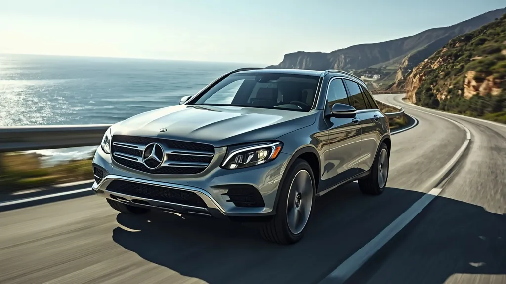 Mercedes-Benz GLC 300 driving on a scenic coastal road, highlighting its elegant design and performance.