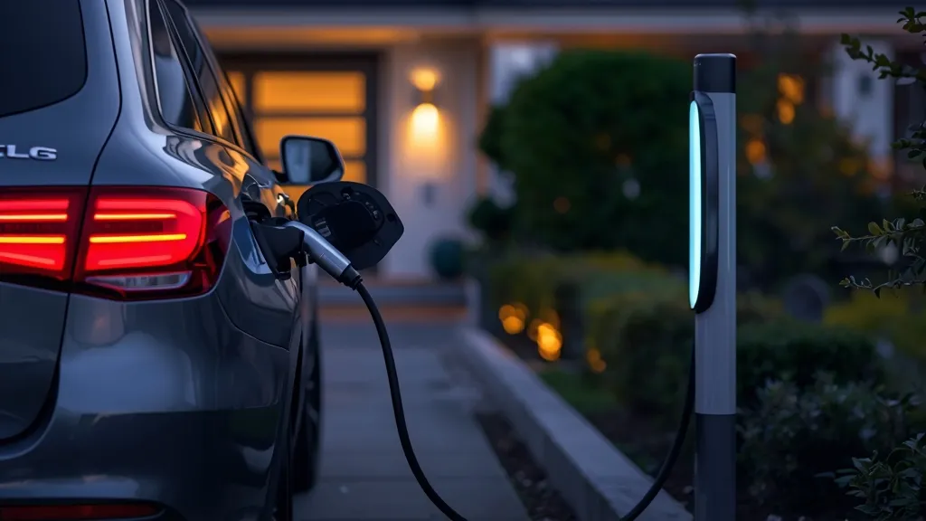 Mercedes-Benz GLC plug-in hybrid charging at a home charging station, emphasizing its electric capability.