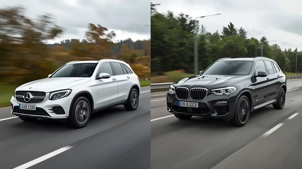 Side-by-side comparison of Mercedes-Benz GLC and BMW X3 driving on a highway, highlighting design differences.