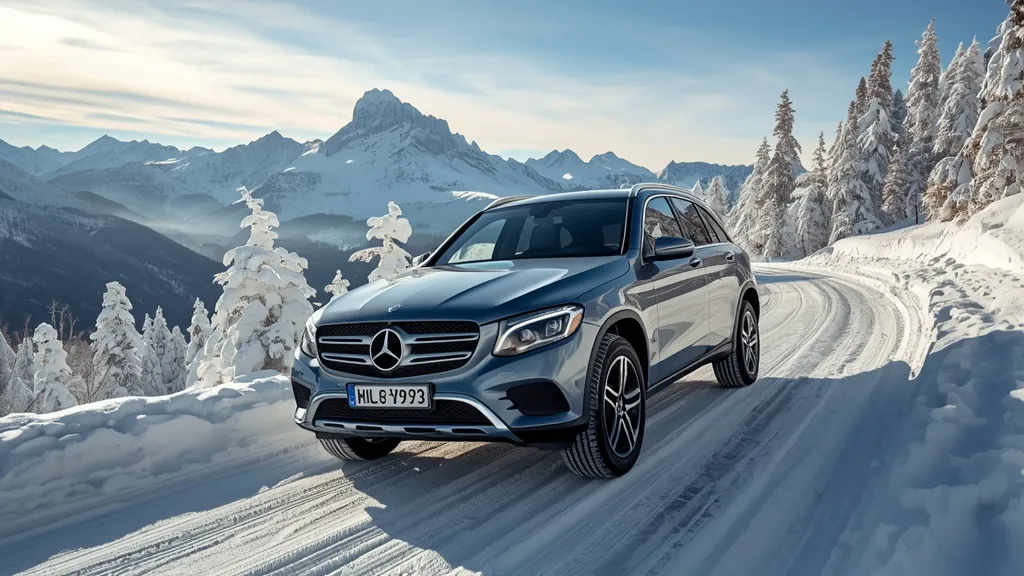 Mercedes-Benz GLC 4MATIC confidently navigating a snowy mountain road, showcasing its all-wheel-drive capability.