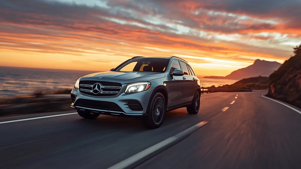 Mercedes-Benz GLC driving dynamically on a scenic winding road, showcasing its elegant exterior design.