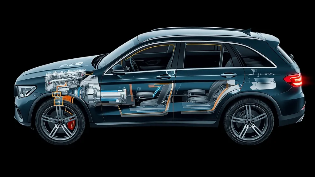 Cutaway view of Mercedes-Benz GLC plug-in hybrid powertrain, showing engine, electric motor, and battery.