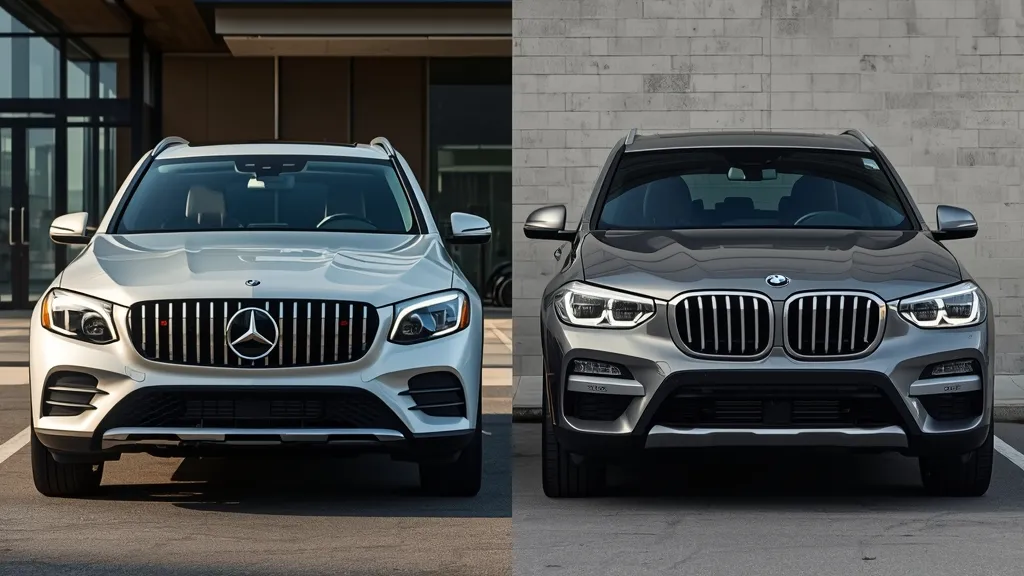 Mercedes-Benz GLC vs BMW X3 parked side-by-side, highlighting design differences and luxury presence.