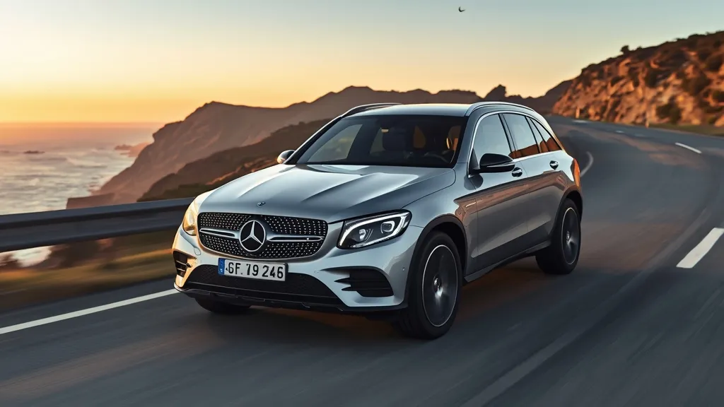 Dynamic Mercedes-Benz GLC 300 driving on a winding coastal road, showcasing its elegant exterior design.
