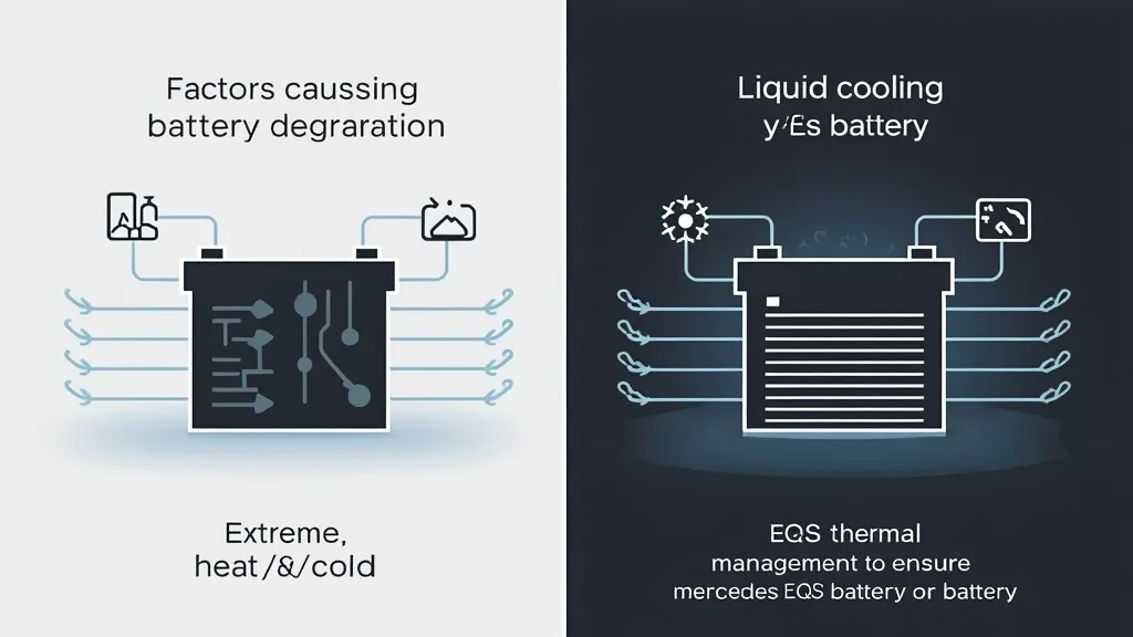 Infographic illustrating Mercedes EQS battery degradation factors and thermal management system benefits.